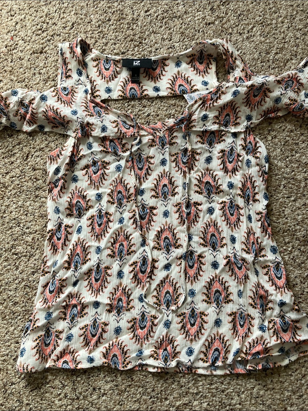 Iz Byer Cream Cold-Shoulder Paisley Top with Pink and Blue Accents